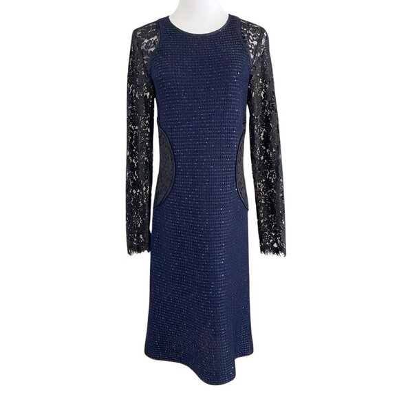 ST JOHN COUTURE NAVY KNIT BLACK SEQUIN AND LACE COMBO SHEATH DRESS - 6 - Picture 1 of 10